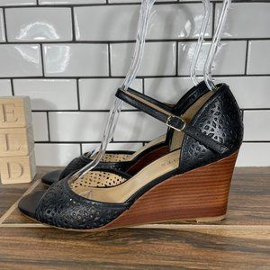 Talbots Womens Sz 8.5 Shoes Black Leather Open Toe Mary Jane Comfort Wedge